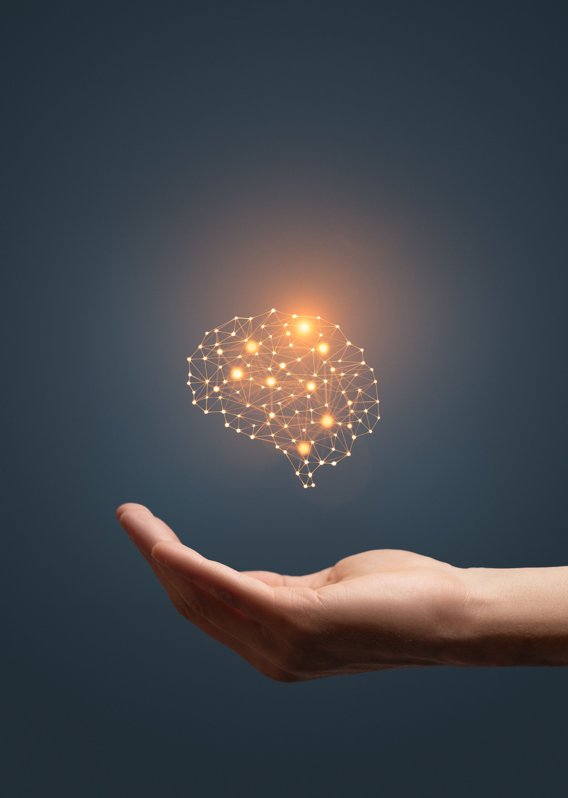 Artificial intelligence brain symbol and hand